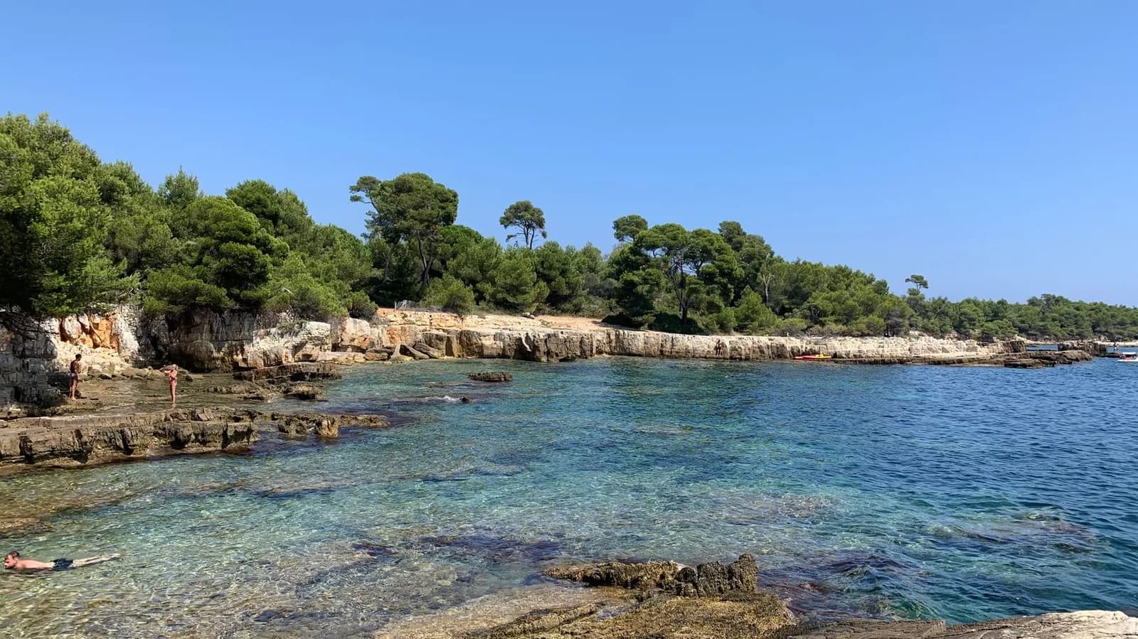 Baigneurs en snorkeling dans une eau transparente au-dessus de rochers et de fonds clairs