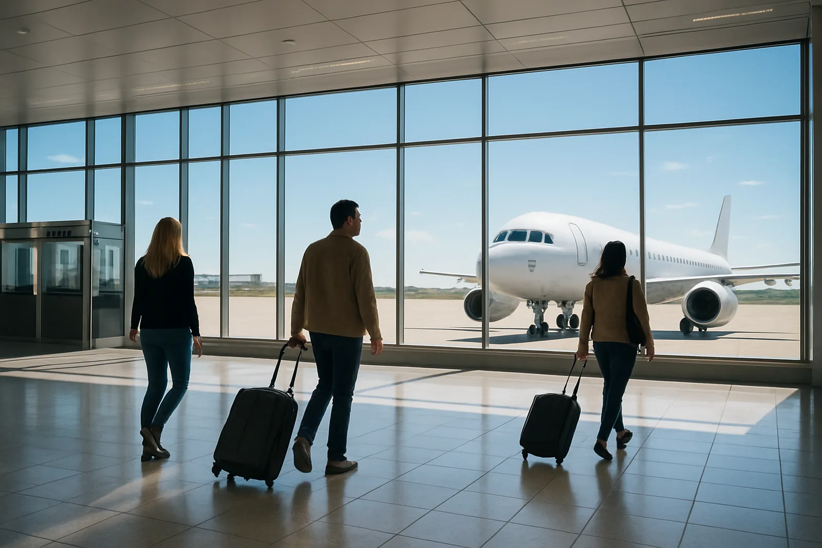 Voyageurs avec valises cabine dans le hall d'un aéroport, devant une baie vitrée donnant sur un avion stationné