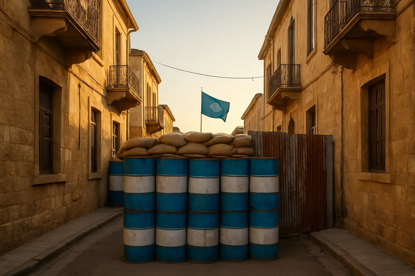 Ruelle de pierre fermée par un barrage de bidons et de sacs de sable, avec un drapeau bleu des Nations unies au fond