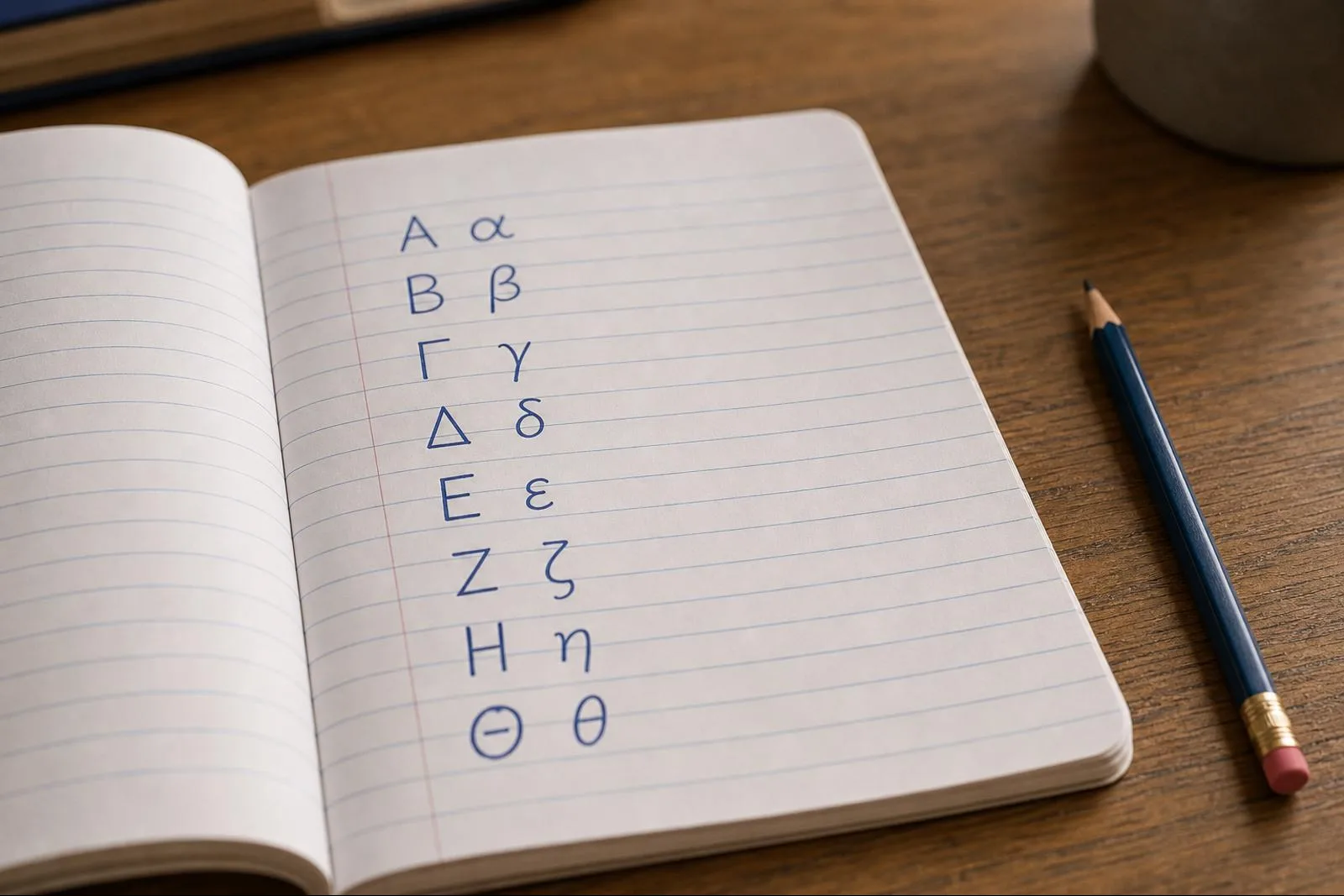 Cahier ouvert avec les premières lettres de l'alphabet grec écrites à la main, un crayon à côté
