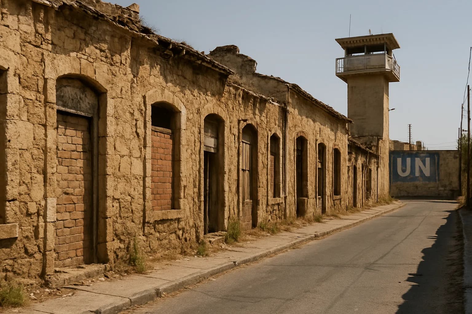 Maisons en pierre abandonnées aux fenêtres murées et mirador de l'ONU dans la zone tampon de Nicosie, Chypre