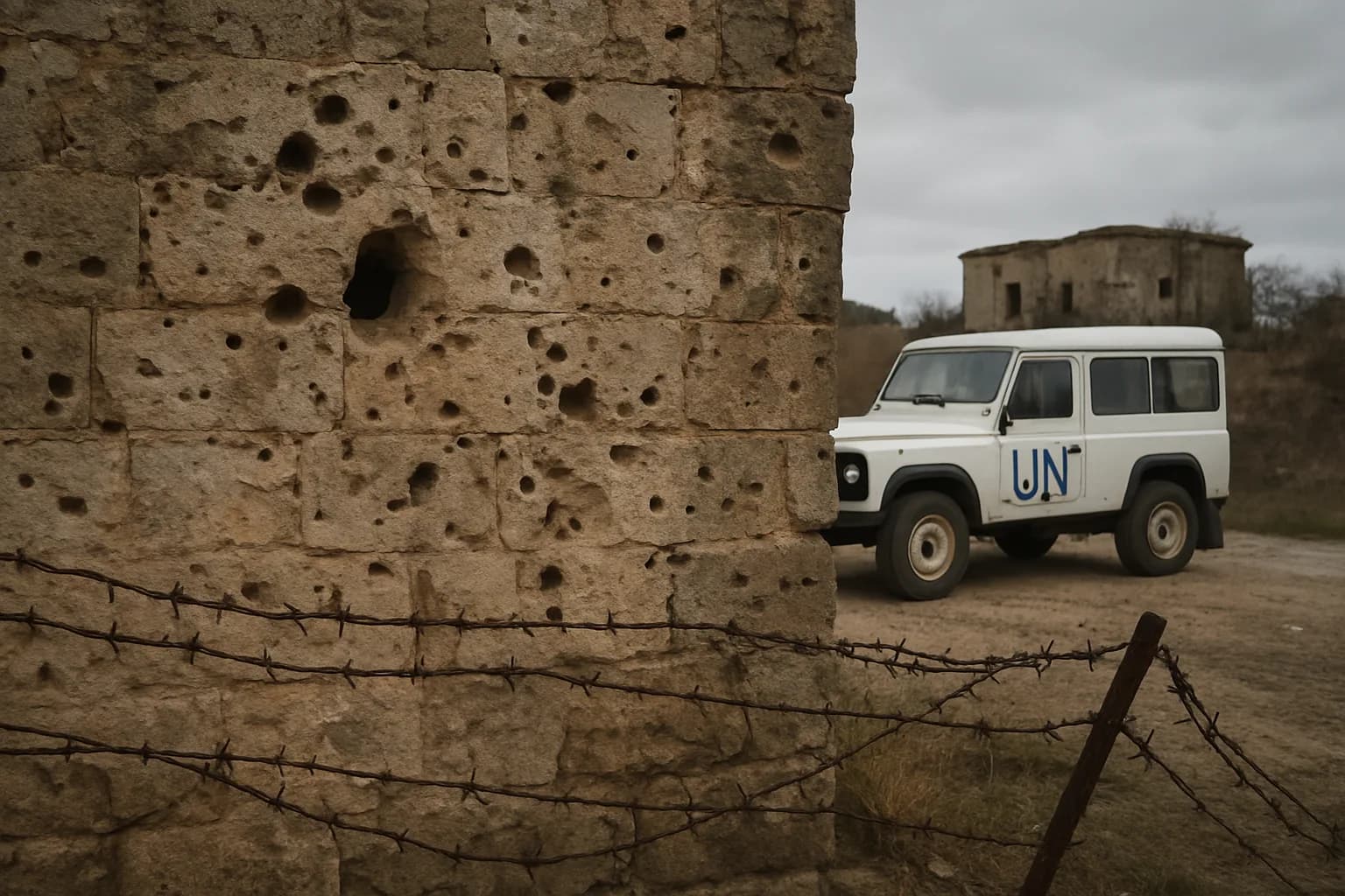 Mur en pierre criblé d'impacts de balles, barbelés et véhicule blanc de l'ONU dans la zone tampon de Nicosie