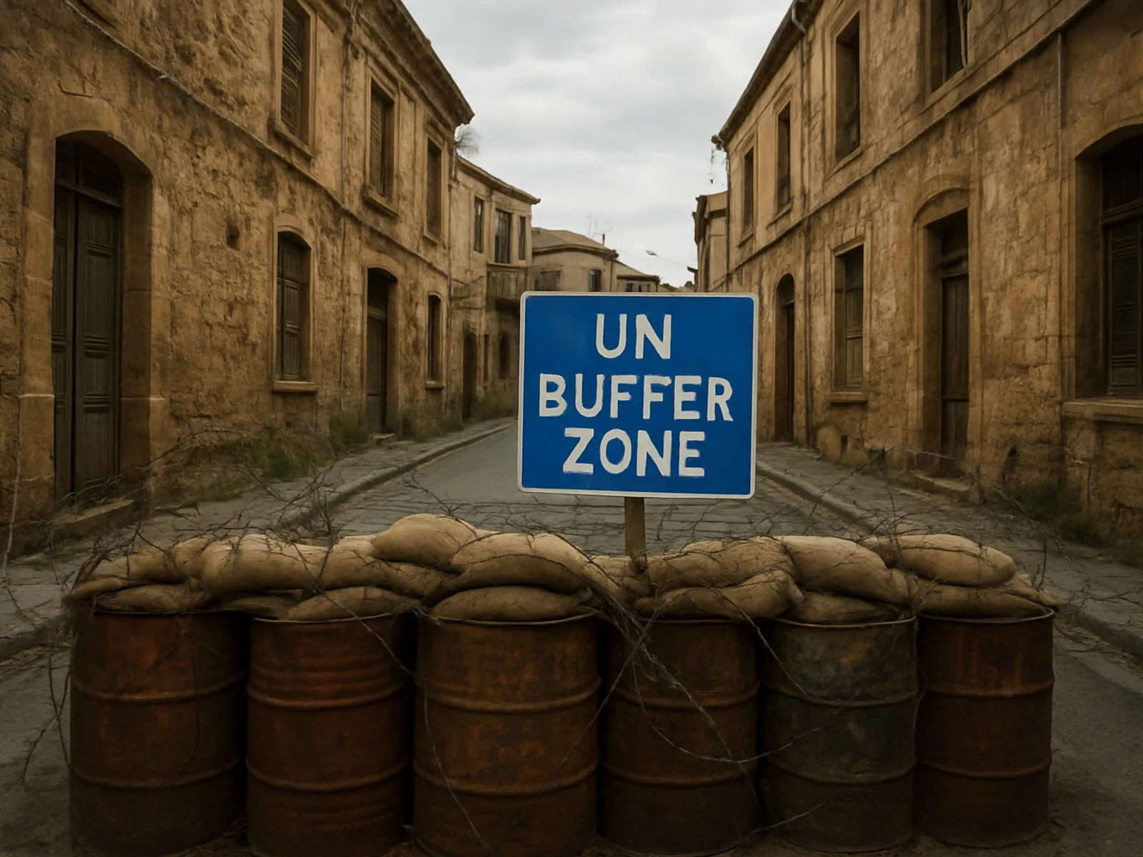 Barricade de bidons rouillés et de sacs de sable devant un panneau UN Buffer Zone, dans une rue de la vieille ville de Nicosie, sur la ligne verte