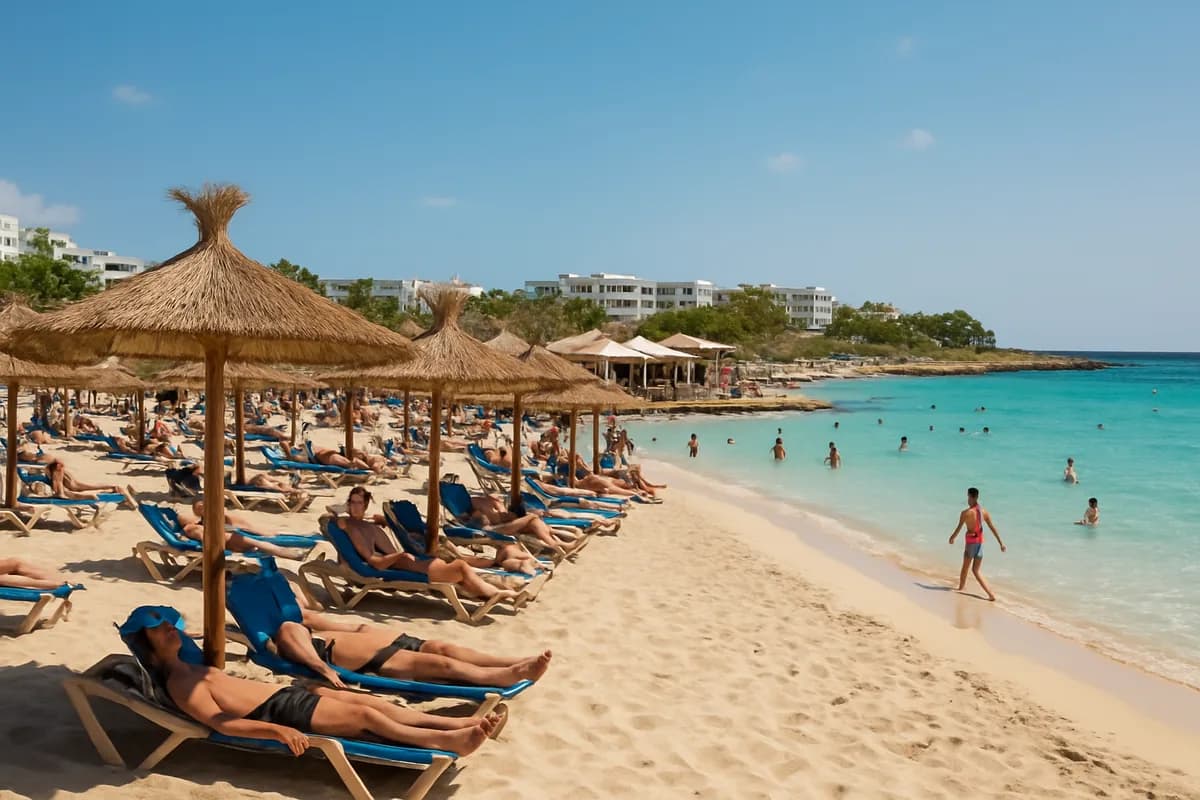 Baigneurs et transats bleus sous des parasols de paille sur une plage de sable d'Ayia Napa en été