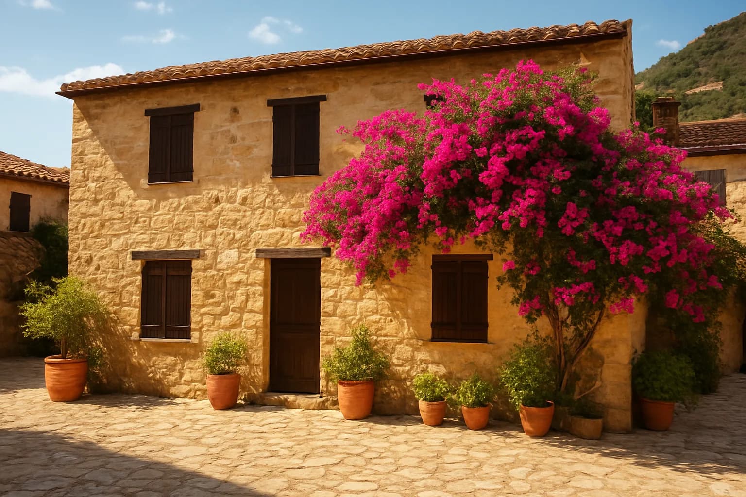 Maison traditionnelle en pierre dorée avec volets en bois, bougainvillier et cour pavée ornée de pots en terre cuite