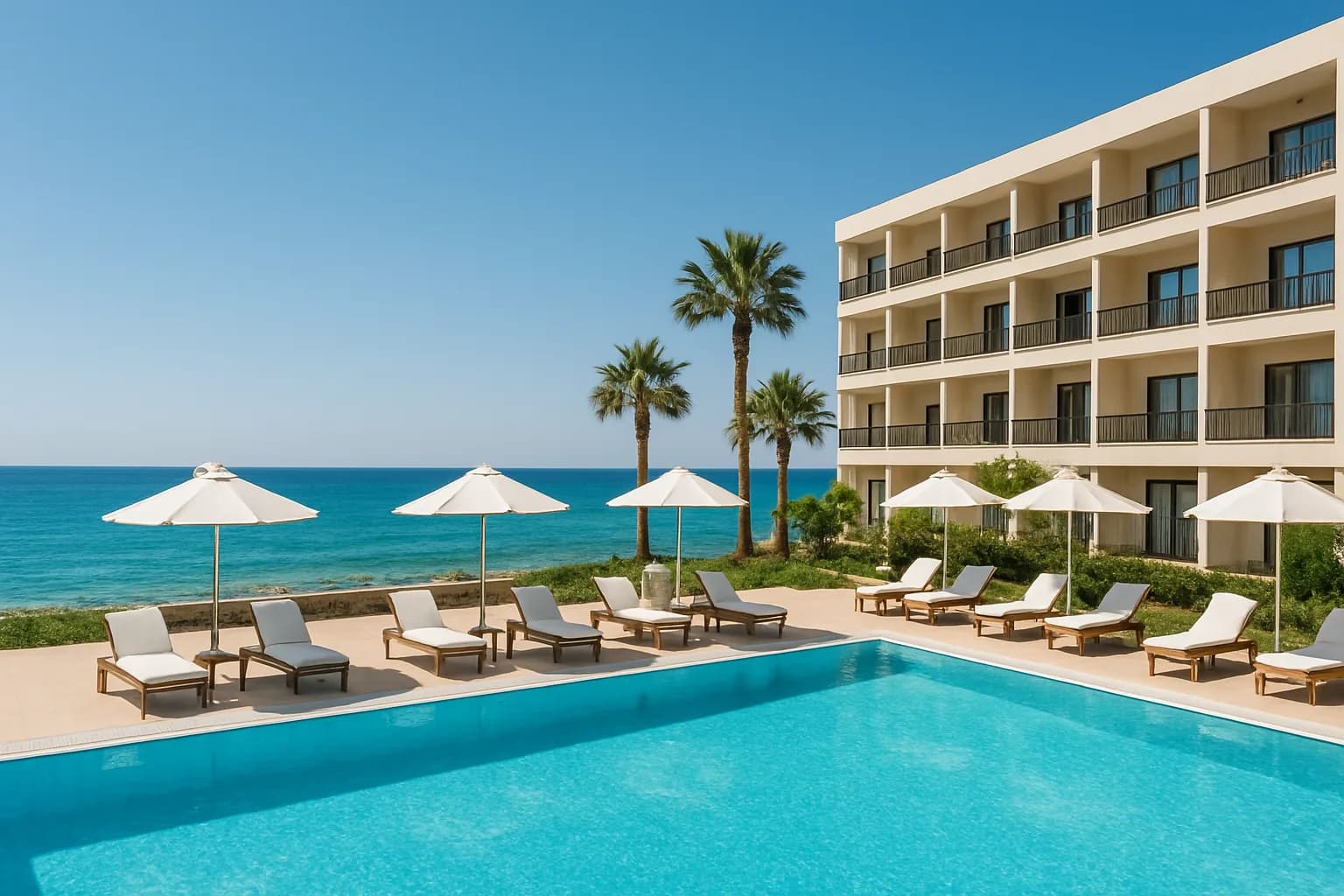 Hôtel balnéaire avec piscine, transats et parasols blancs face à une mer turquoise