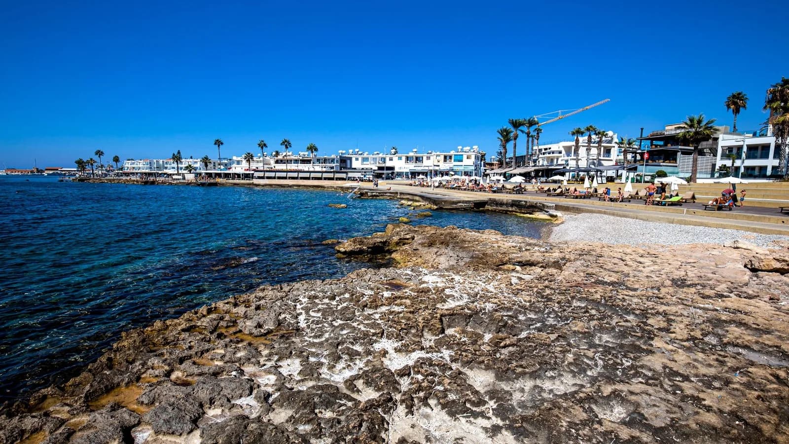 Côte rocheuse de Paphos et front de mer bordé de palmiers et d'immeubles blancs