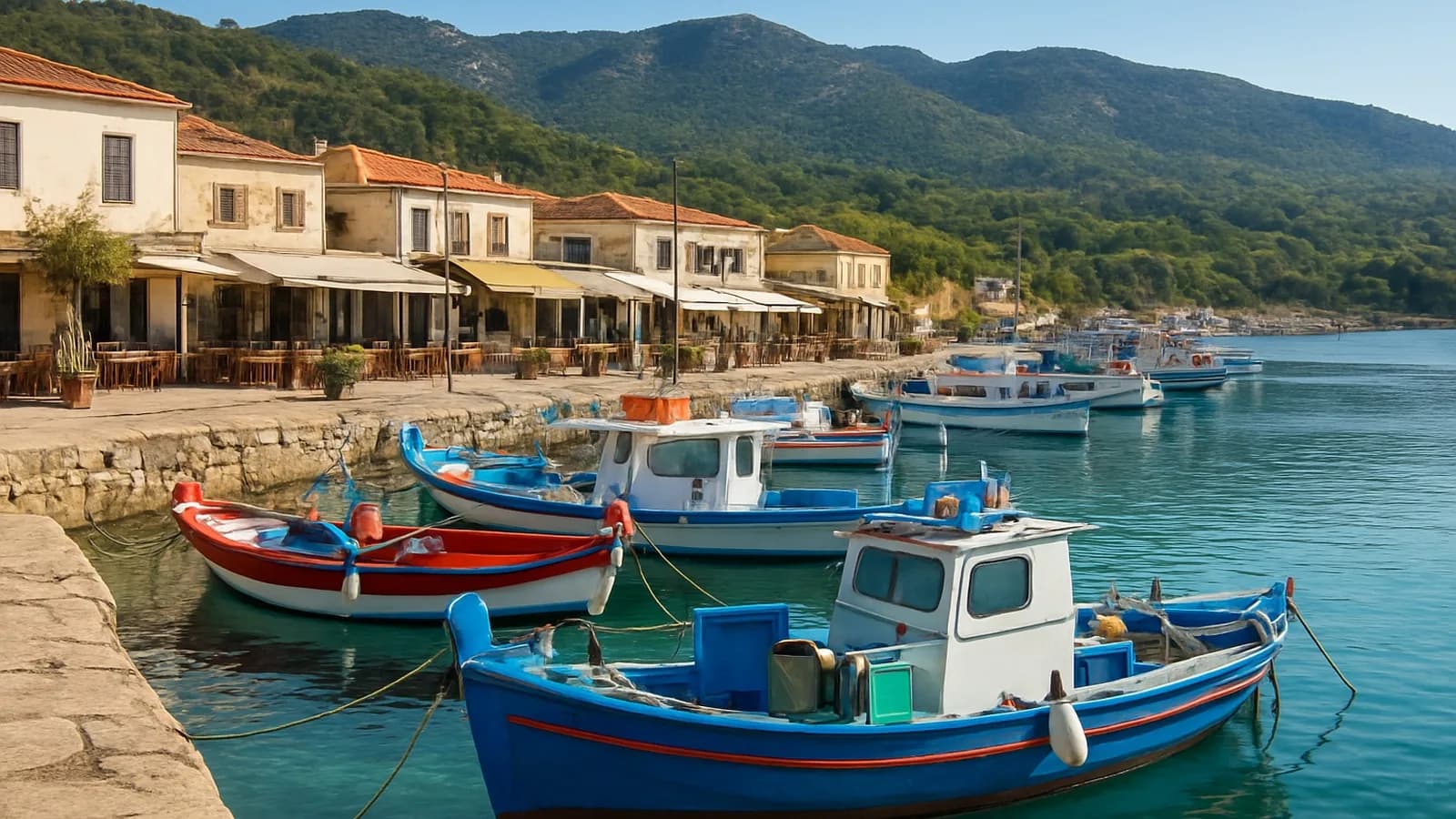 Barques de pêche colorées dans un petit port, avec tavernes sur le quai et collines boisées en arrière-plan