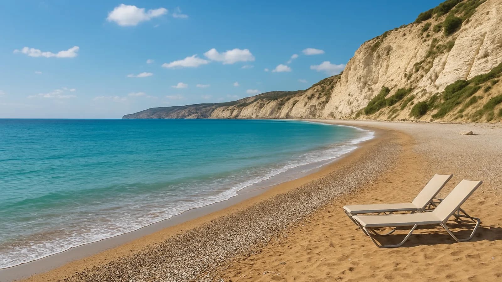Plage de galets et de sable doré avec deux transats, au pied de falaises calcaires blanches