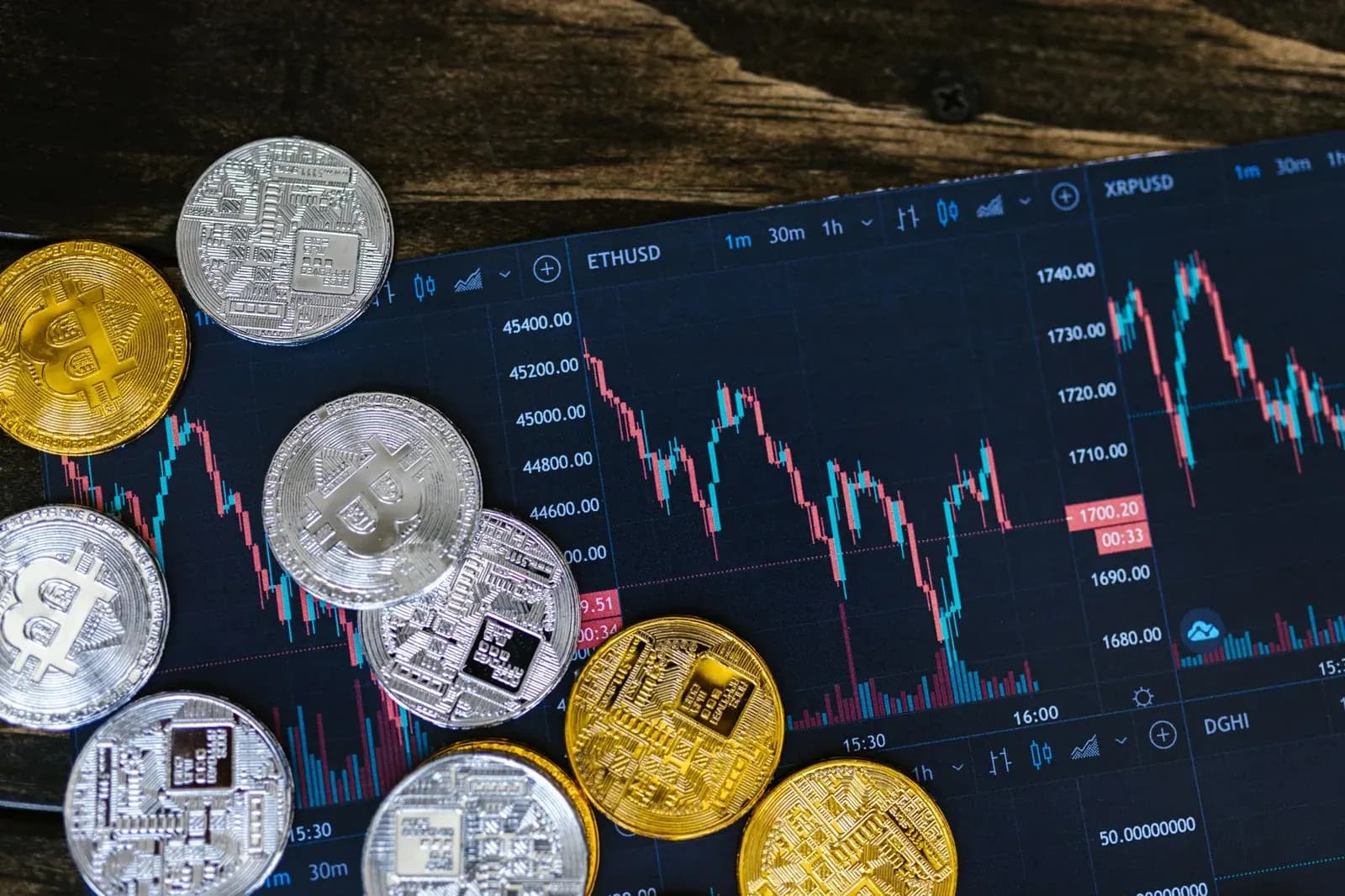 Pièces de cryptomonnaie sur un graphique boursier, plus-values d'investissement