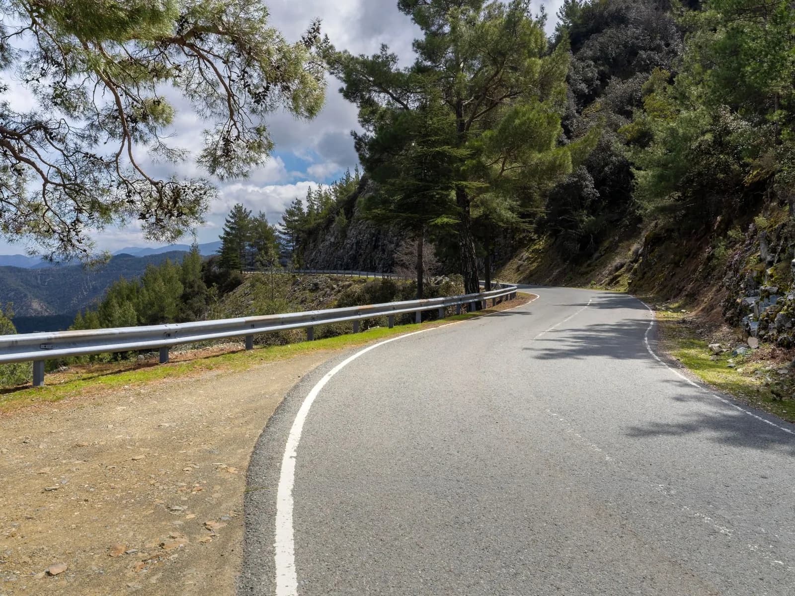 Route de montagne sinueuse bordée de pins dans le massif du Troodos, Chypre